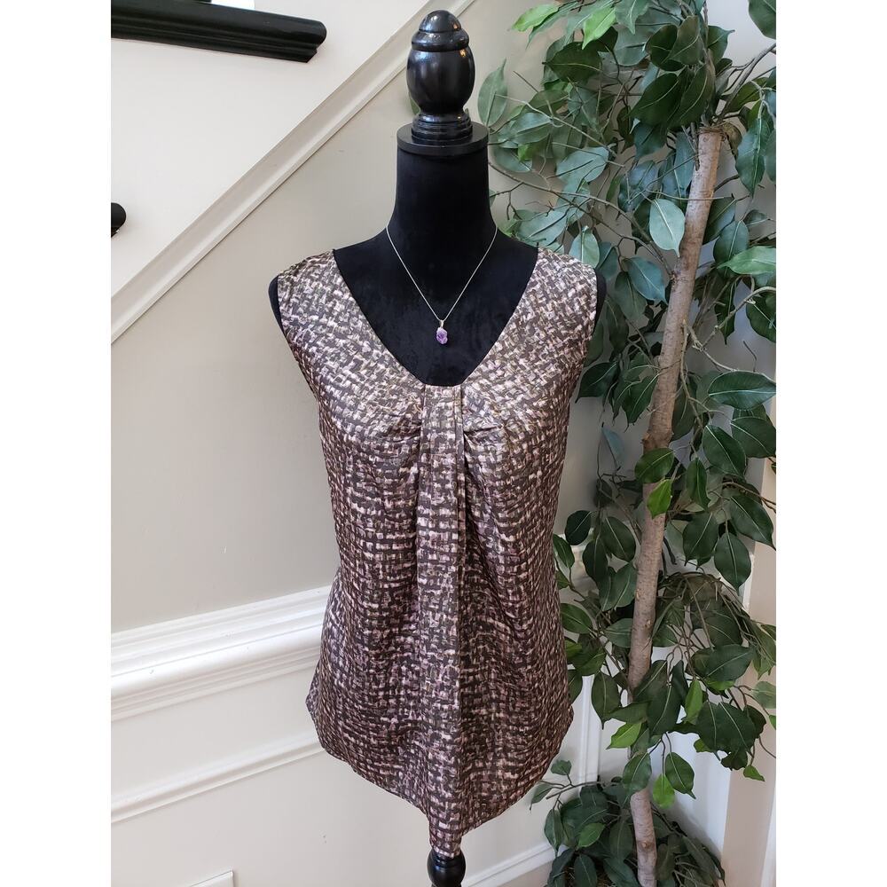 LOFT Tank Top Women Large Brown Geo Print Ruched Polyester Sleeveless Scoop Neck